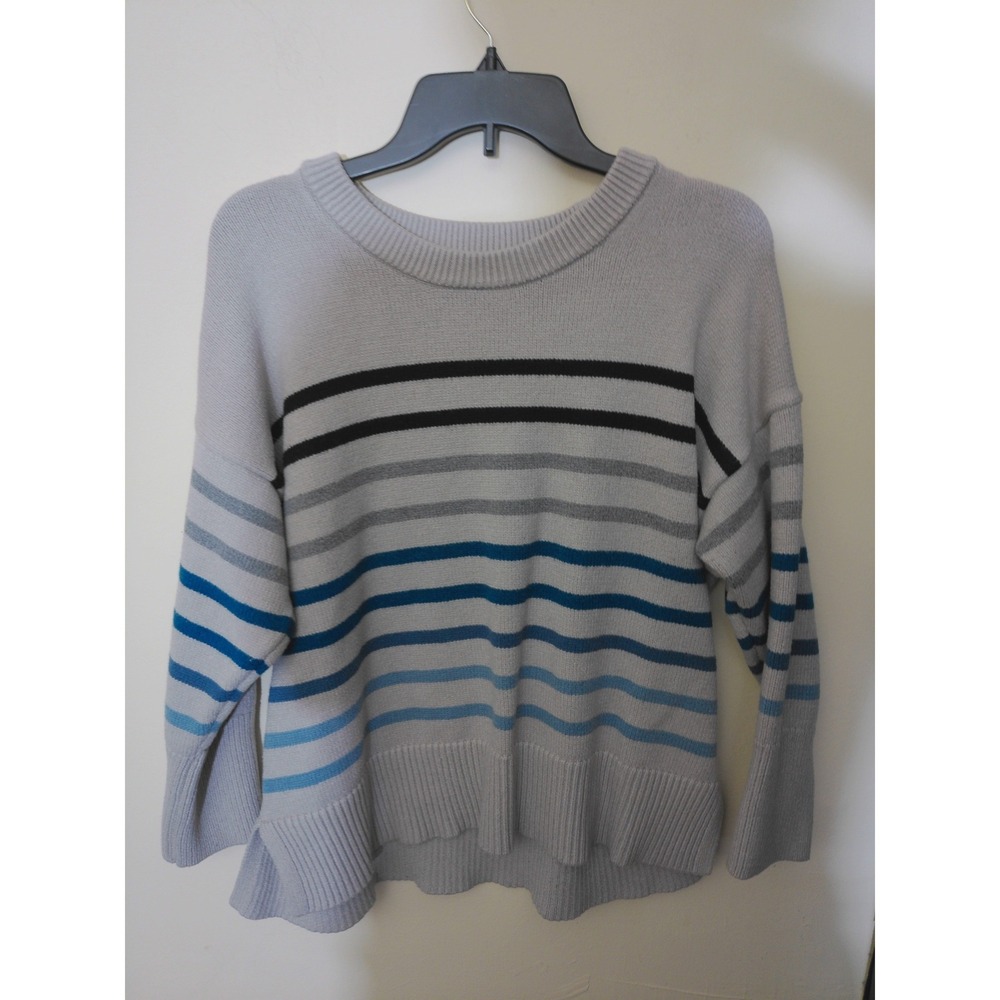 Philosophy Sweater Women 1X Gray Blue Striped Knit Crew Neck Coastal Preppy